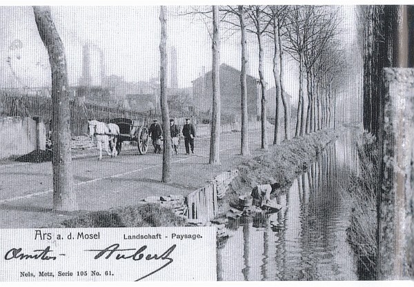 L'artère principale d'Ars-sur-Moselle, aujourd'hui D6, au début du XXe siècle. Un espace public au bord du ruisseau de la Mance et bordé d'un alignement de platanes. (carte postale ancienne, pas de date indiquée)