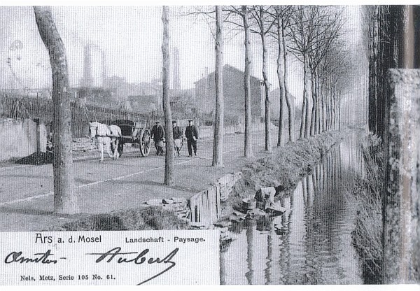L'artère principale d'Ars-sur-Moselle, aujourd'hui D6, au début du XXe siècle. Un espace public au bord du ruisseau de la Mance et bordé d'un alignement de platanes. (carte postale ancienne, pas de date indiquée)
