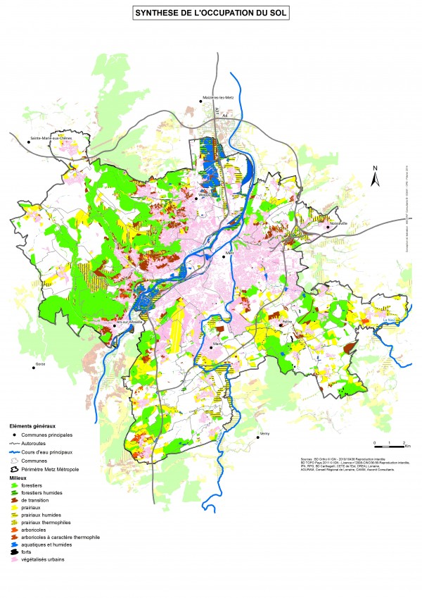 Carte de synthèse de l'occupation du sol de Metz Métropole extraite du rapport de la TVB, Asconit, octobre 2013.
