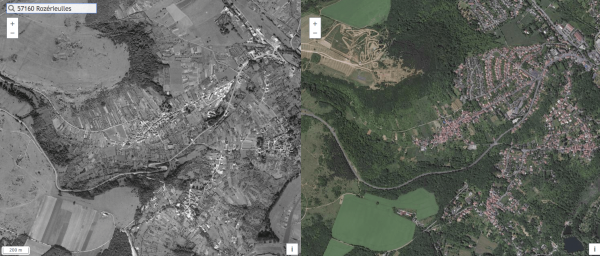 Comparaison des photographies aériennes de 1950 et d'aujourd'hui sur Rozérieulles. La forêt gagne du terrain, les vergers disparaissent progressivement. (source : <a target=