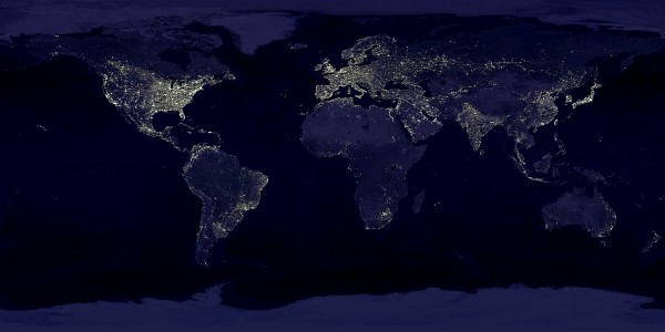 Planisphère nocturne - Data courtesy Marc Imhoff of NASA GSFC and Christopher Elvidge of NOAA NGDC. Image by Craig Mayhew and Robert Simmon, NASA GSFC. (sources : http://www.nuitfrance.fr)