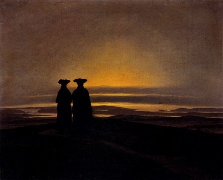 <em>Paysage du soir avec deux hommes</em>, Caspar David Friedrich, huile sur toile, 1830-35.