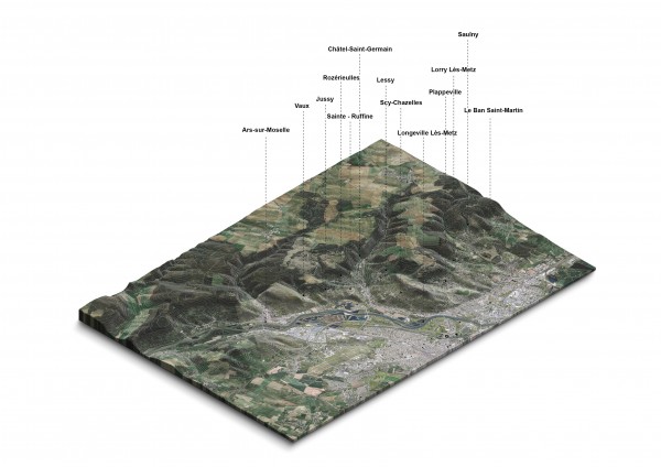 Bloc diagramme des Côtes de Moselle : localisation des villages sur les variations morphologiques de la côte.