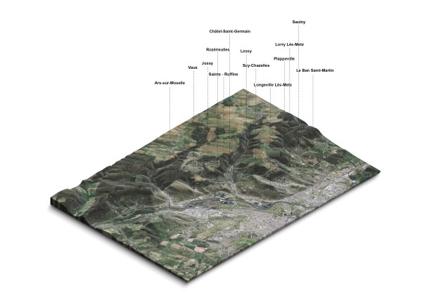 Bloc diagramme des Côtes de Moselle : localisation des villages sur les variations morphologiques de la côte.
