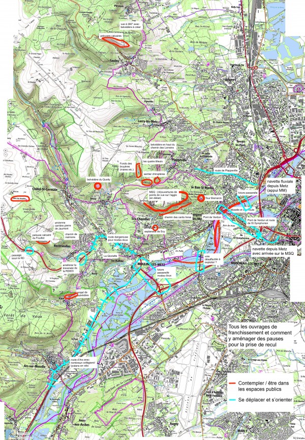 Localisation des grands enjeux transversaux sur les côtes :<br>contempler, être dans les espaces publics / se déplacer et s'orienter