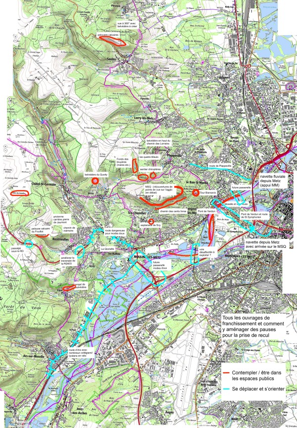 Localisation des grands enjeux transversaux sur les côtes :<br>contempler, être dans les espaces publics / se déplacer et s'orienter