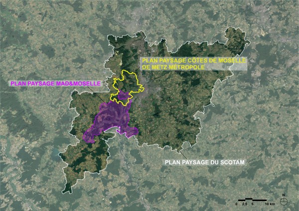Le périmètre du Plan Paysage Côtes de Moselle et son articulation avec les Plans Paysages du SCoTAM et de Mad&Moselle.